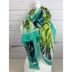 Dressbarn Tropical Palm Leaf Print Sheer Scarf Wrap Green Blue Fashion Accessory